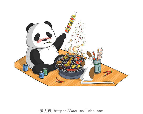 彩色手绘卡通麻辣烧烤美食食物熊猫元素PNG素材